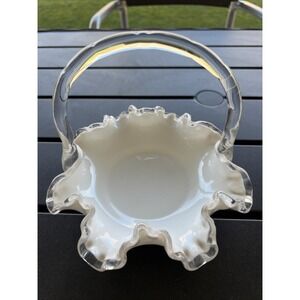 Vintage Fenton Milk Glass Silver Crest Basket Ruffled Edge Candy Dish Stunning